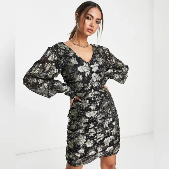 ASOS | Dresses | Nwt River Island Metallic Thread Ruched Front Mini Dress  In Black | Poshmark